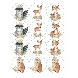 Handmade 12 cute woodland animals, baby shower edible paper, cupcake cookie toppers - 3 in