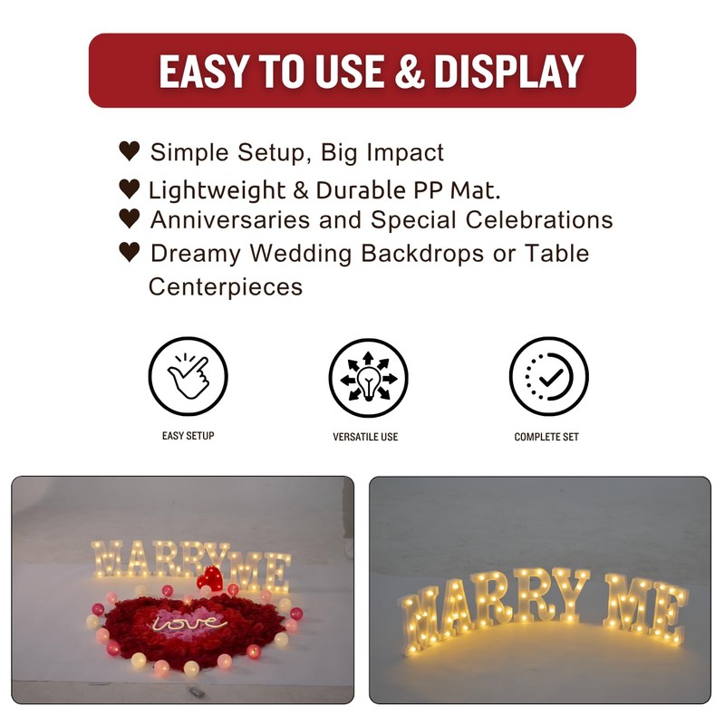 LED Marry Me Light Up Letters with Rose Petals, Love