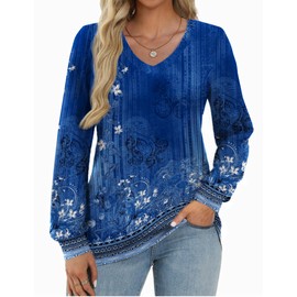 Zeagoo Women Shirts Long Sleeve V Neck Tunic Trendy Business Work Fall Top Boho Floral Clothing Blue XXL