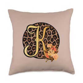 Leopard Animal Print Monogram Letter Gift Leopard Print Floral Monogram K Letter Initial Cheetah Women Throw Pillow, 18x18, Multicolor