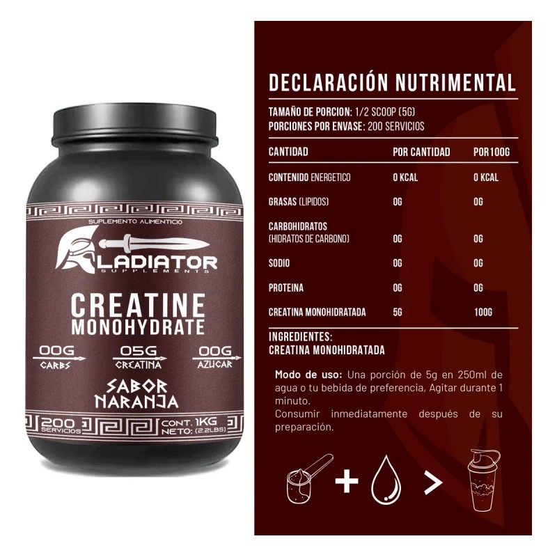 Creatina Gladiator Monohidratada 1kg 200 Servicios Sabores Naranja