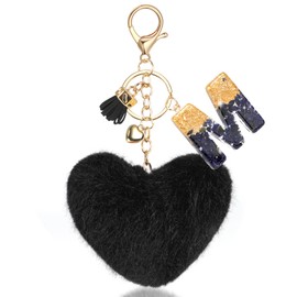 MWOOT Heart Pom Pom Key Chain, Fluffy Key Ring for Women's Backpack Purse Car Key Bag, with Resin Name Letter M, Black