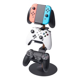 YAMAZAKI Home Tower Universal Game Controller Stand – Adjustable 4-Tier Holder For Controllers & Headsets - Steel + Wood
