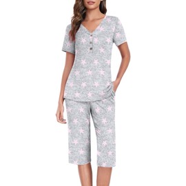 Anyally Women's Pajama Set Short Sleeve Top and Sleepwear Pants 2 Piece Lounge Sets Summer Ladies Pjs Sets with Pockets, L Star Grey