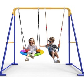 Swing Sets for Backyard, Toddler Swing Set with 2 Seat 1 Saucer & 1 Belt Seat, 440lbs Heavy-Duty Swing Frame w/8 Ground Stakes, A Frame Outdoor Swingset for Kids and Adults for Backyard