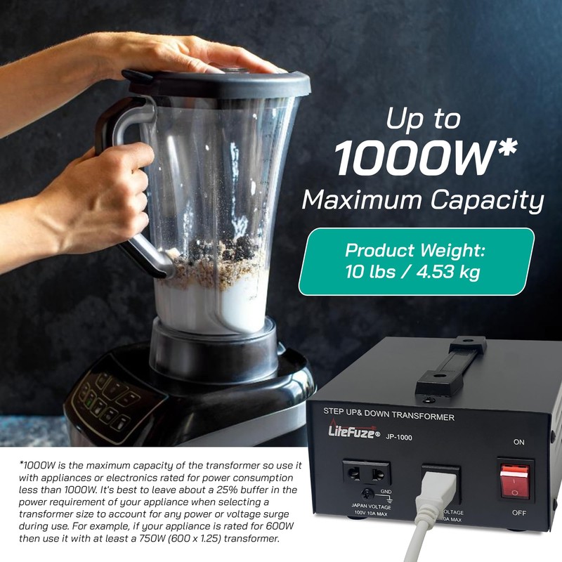 LiteFuze 1000W Step-Up/Step-Down Transformer with Dual Sockets - Premium Copper