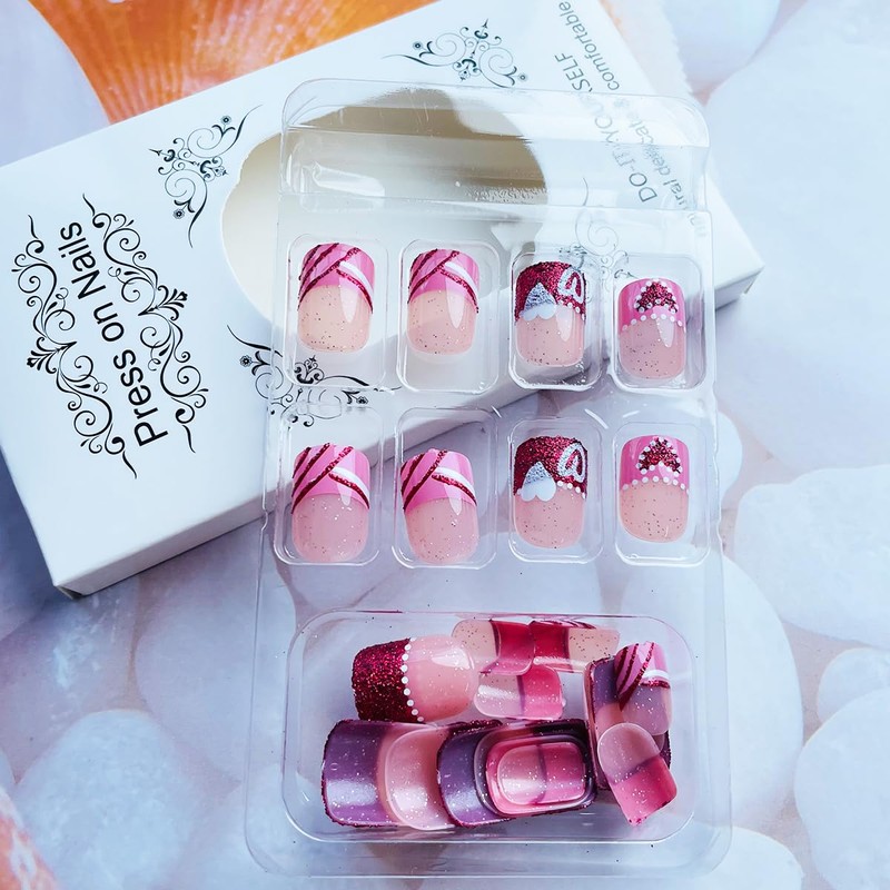NEWSPIED Valentines Press on Nails Short Square Fake Nails Glitter