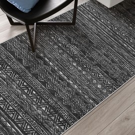 2x6 Washable Hallway Runner Rug - Moroccan Non-Slip Indoor Table Long Runners for Entryway Soft Low Pile Neutral Rugs for Kitchen Waterproof Geometric Carpet for Bedroom Bathroom Laundry 2x6 Black