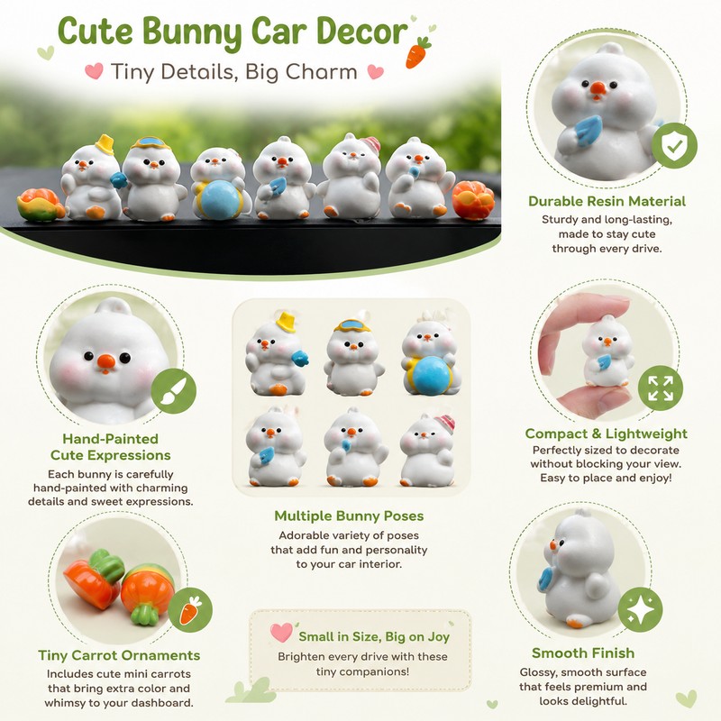 Cute Bunny Car Dashboard Decor Set for Center Console –