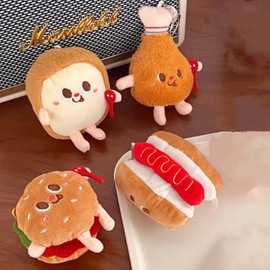 OUKEYI 4Pcs Cute Plush Toys Keychain, Super Funny Face Food Hamburger Bread Toast Chicken Leg Soft Plush Stuffed KeychainHandbag Pendant