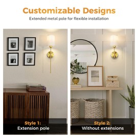 Glitnous Battery Operated Wall Sconce, Wall Sconces Battery Operated, with Removable Tail Poles, Wireless Wall Sconces Set of Two, Rechargeable Wall Sconce, No Wiring Wall Lamp/Light Set of 2, Gold