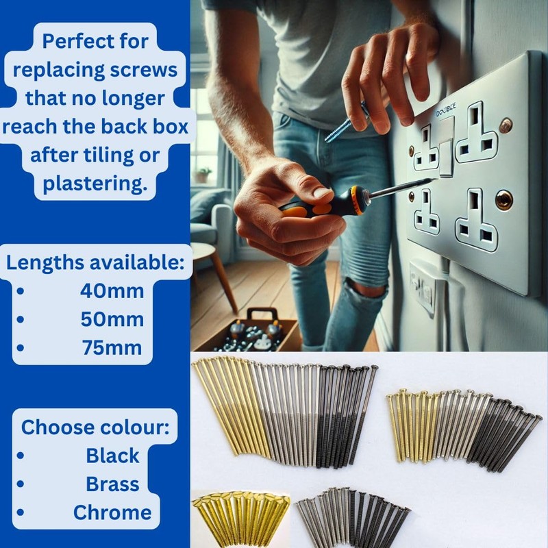 Electrical Long Socket Screws 40mm, 50mm, 75mm Black Nickel, Brass,