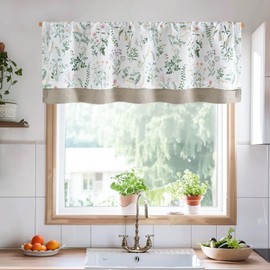 TOPICK Linen Blend Valance Curtain Floral Small Window Curtain Double Layer Blackout Cafe Curtains for Kitchen Living Room Bedroom Bathroom 18 Inch Rod Pocket 1 Panel Green on White