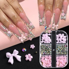 3D Flower Bow Nail Charms, Pink Acrylic Flower Nail Charms with Gold Metal Caviar Beads and Rhinestones Gems, Resin Bowknot Ribbon for DIY Nail Art Decorations Manicure Jewel Accessories