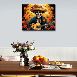 Skull Colour by Number for Adults Beginners with 3 Brushes Mexican Day of the Dead Acrylic Painting by Numbers Kits Skull Play Guitar DIY Oil Painting Kits Gift Art for Home 16 x 20 Inches