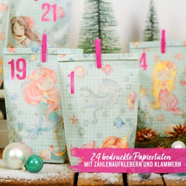 Papierdrachen Extravagant Advent Calendar for Filling with 24 Turquoise Gift Bags and 24 Number Stickers, Mermaid Motif for Crafts and Gift-Giving for Christmas and Advent