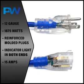 6 ft - 12 Gauge Heavy Duty Extension Cord - Lighted on Both Ends - SJTW Blue - Outdoor Extension_Cord Waterproof 6 ft by Premier Wire - 15 Amp ExtensionCord (6 Foot 12-Awg Power Cord Blue)