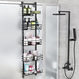 Orimade Over The Door Shower Caddy Adjustable 5 Tier Black,Bathroom Hanging Organizer Shelf Rustproof with 4 Hooks,Shower Basket with Soap Holder and Suction Cup