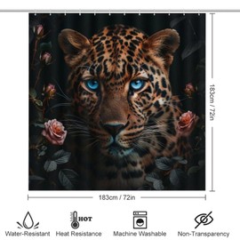 TOWINSFB 4Pcs Funny Leopard Rose Shower Curtain Sets, Bathroom Decor Set with Rugs, Bath Mat Beautiful Flower Jungle Animal Shower Curtain, 72 X 72 Inch