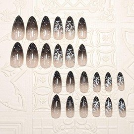 Christmas Press on Nails Almond-24Pcs Black Artificial Fake Nails with Winter Leaf Designs Xmas Glossy Full Cover Medium Acrylic False Nails Glue Stick on Fingernails for Women Girls