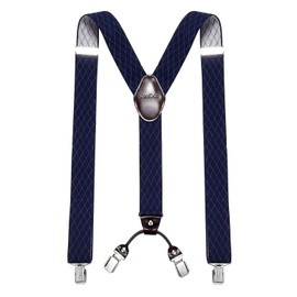 DonDon Men's Braces Extra Strong 3.5 cm Wide with 4 Braces Clips in Y-Shape and Brown Leather Patch, Diamond Blue