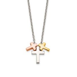 Solid 925 Sterling Silver Rose and Gold-tone 3-Cross 2in Extension Pendant Necklace Charm Chain 16" (Width = 0mm)