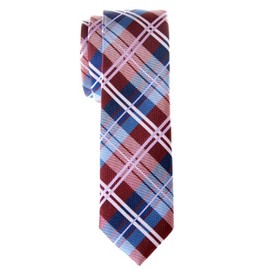 Retreez Elegant Plaid Check Woven Microfiber Skinny Tie - Burgundy and Blue