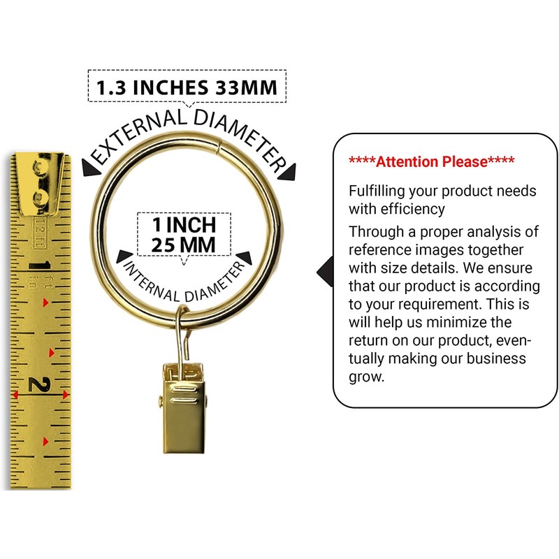 Gold Finish Curtain Rings with Clips 1 Inch Set of