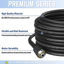 APOWER PVC Pressure Washer Hose 50 FT x 1/4", Kink Resistant Power Washer Hose, High Pressure Water Hose Extension Replacement for Home Use, 3600 PSI, Dark Black