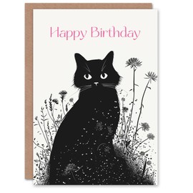 Artery8 Birthday Card Cat Lover Wildflower Pet Black White Design for Her Gran Sister Niece Daughter Wife Woman Greeting Card