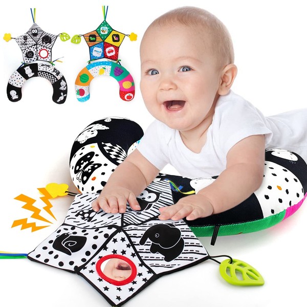 teytoy Tummy Time Pillow, Infant Discovery Pillow for 0-6 Months Babies, with Detachable Support Pillow & Tummy Time Mirror & Teethers, High Contrast Newborn Toys Black and White Rainbows Color
