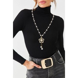HIQUACC Long Tassel Sweater Necklace Crystal Rhinestone Pendant sweater chain for Women Girls (140 Flower Pearl)