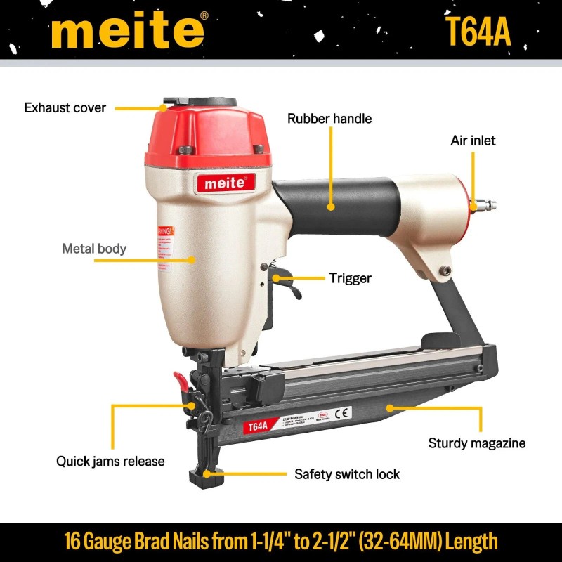 meite Pneumatic Brad Nailer T64A Powerful Finish Nailer Gun Profasional