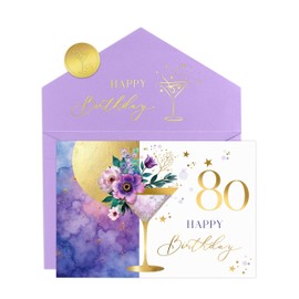 Joli Coon - Birthday Card 80 Elegant - Happy Birthday Card with Floral Martini Illustration and Pastel Envelope - Birthday Card 80 Woman