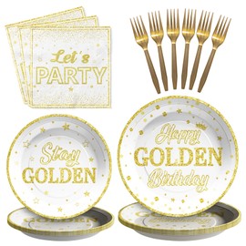 96Pcs Golden Birthday Party Decorations White Gold Birthday Party Plates and Napkins Disposable Stay Golden Paper Tableware Set for Women Men Happy Birthday Party Supplies, Serves 24