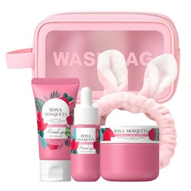 Kit Viaje Cuidado Facial BeauBase Rosa Mosqueta 3 Piezas Limpiador Suero Crema Humectante Cosmetiquera Banda Cabello Regalo Mujer Luminosidad Rutina Belleza