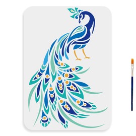 MAYJOYDIY Peacock Stencil 11.7×8.3inch Large Peacock Drawing Stencils with Paint Brush DIY Decorative Reusable Peacock Feather Template for Canvas Wall Wood DIY Craft Home Decor