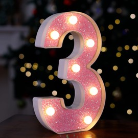 TRONSBOO LED Letter Lights Pink Glitter Marquee Letters Light Up Alphabet Letters Sign Battery Powered for Home Party Decoration Night Bar Wedding Birthday Christmas Lamp Girls Gift - Number 3