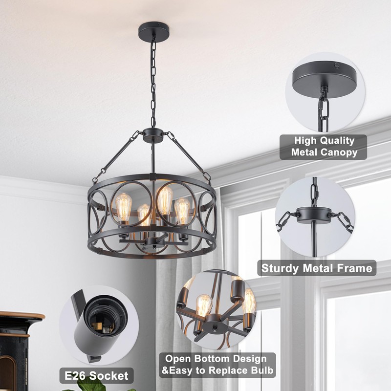 PNOUKF 4-Light Farmhouse Chandelier, Industrial Drum Pendant Light, Adjustable Height