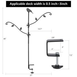 FEED GARDEN Deck Bird Feeder Pole, 42 Inches, Multiple Hooks, Adjustable, Detachable, Heavy Duty Steel, Stable, Black, BirdFeeders Porch for Deck Kit for Outside Bird Feeders and Plant Hangers