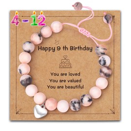 Alissl Birthday Gifts for Girls, Adjustable Pink Natural Stone Bracelet with Sweet Heart - Charm Cute Bracelet for Teen Girls 9 Year Old - Christmas Gifts for Daughter Granddaughter Niece