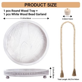 RETON Round Wood Tray with Wood Bead Garland for Home Decor, Wooden Decorative Serving Tray, Distressed Coffee Table Trays for Farmhouse Rustic, Kitchen, Living Room, Dining Table (White)
