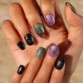 Zehope Easter Press on Nails Black Short Oval Fake Nails Glossy Full Cover Nails Moon Star Acrylic Nails for Women and Girls(24pcs) (Black)