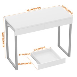 GreenForest Vanity Desk with 2 Drawers,Glossy Desktop White Desk for Bedroom,Makeup Table with Storage Space,Small Desk for Home Office,39 inch No Mirror