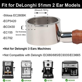 CAPFEI Bottomless Portafilter 51 mm 2 Ears for Delonghi ECP33.21 ECP35.31 ECOV311 | with Stainless Steel Replacement Filter Basket and Wooden Handle