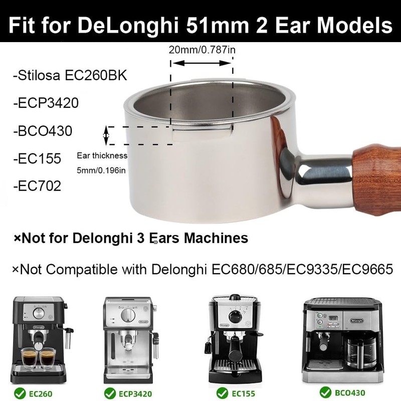 CAPFEI Bottomless Portafilter 51 mm 2 Ears for Delonghi ECP33.21