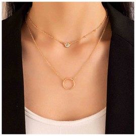Yheakne Boho Layered Circle Necklace Gold Crystal Pendant Necklace Vintage Solitaire Necklace Wedding Crystal Necklace Chain Jewelry for Women and Girls Gifts