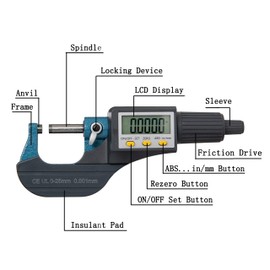 Beslands Digital Micrometer 0-1" / 0-25mm Electronic Display Gauge Resolution 0.00005" / 0.001mm Thickness Measuring Inch/Metric Diameter Caliper