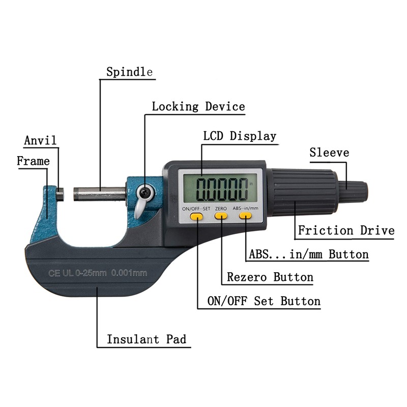 Beslands Digital Micrometer 0-1" / 0-25mm Electronic Display Gauge Resolution