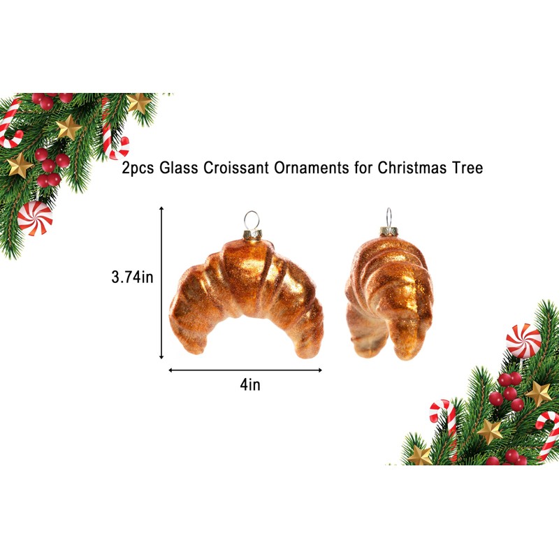 2 Count Hand Blown Glass Croissant Bread Christmas Ornaments for